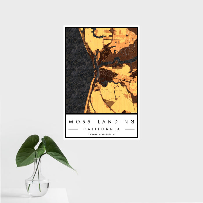 16x24 Moss Landing California Map Print Portrait Orientation in Ember Style With Tropical Plant Leaves in Water