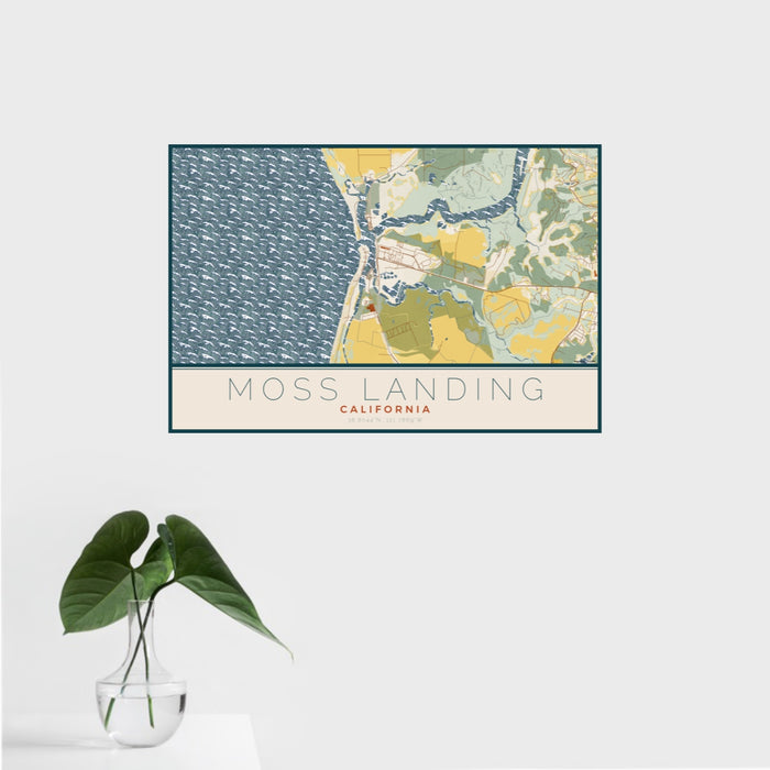 16x24 Moss Landing California Map Print Landscape Orientation in Woodblock Style With Tropical Plant Leaves in Water