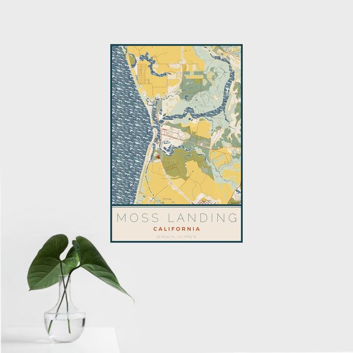 16x24 Moss Landing California Map Print Portrait Orientation in Woodblock Style With Tropical Plant Leaves in Water