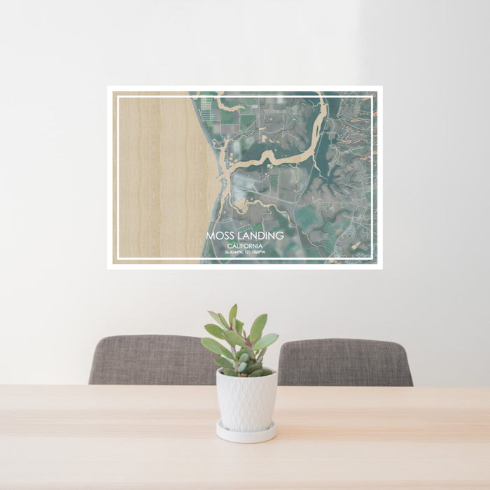 24x36 Moss Landing California Map Print Lanscape Orientation in Afternoon Style Behind 2 Chairs Table and Potted Plant