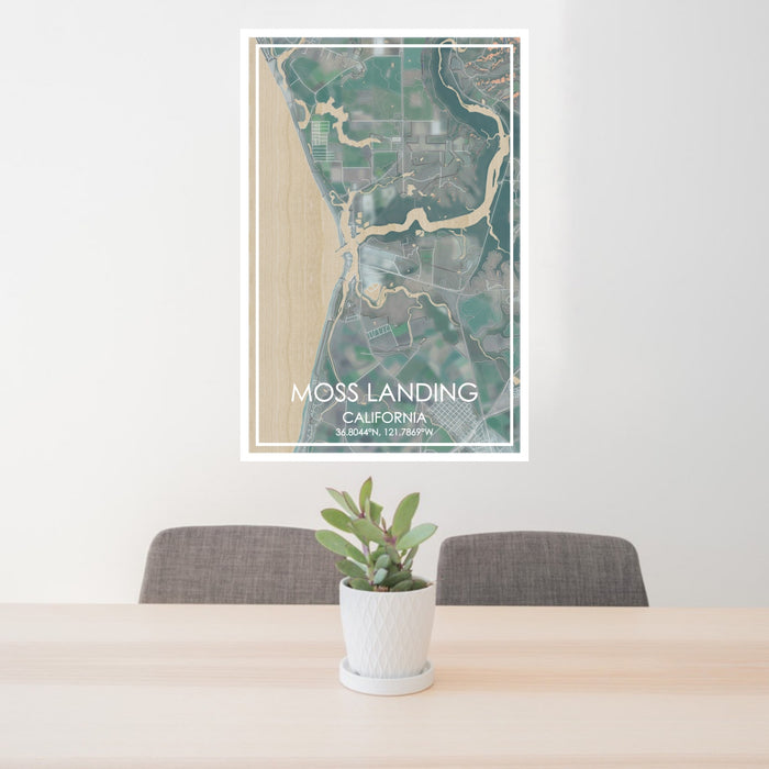 24x36 Moss Landing California Map Print Portrait Orientation in Afternoon Style Behind 2 Chairs Table and Potted Plant