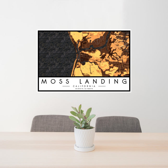 24x36 Moss Landing California Map Print Lanscape Orientation in Ember Style Behind 2 Chairs Table and Potted Plant