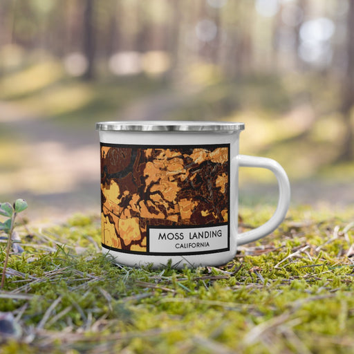 Right View Custom Moss Landing California Map Enamel Mug in Ember on Grass With Trees in Background
