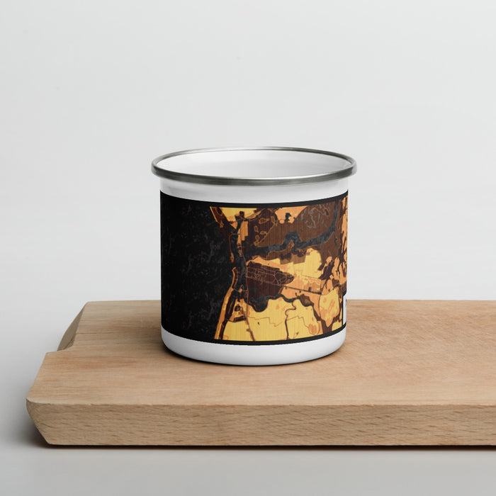 Front View Custom Moss Landing California Map Enamel Mug in Ember on Cutting Board