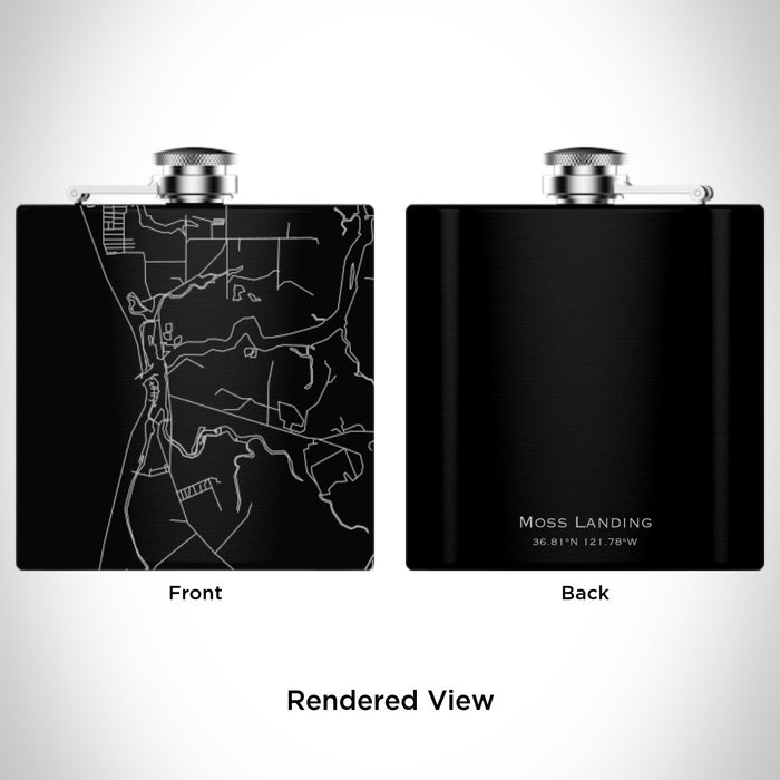 Rendered View of Moss Landing California Map Engraving on 6oz Stainless Steel Flask in Black