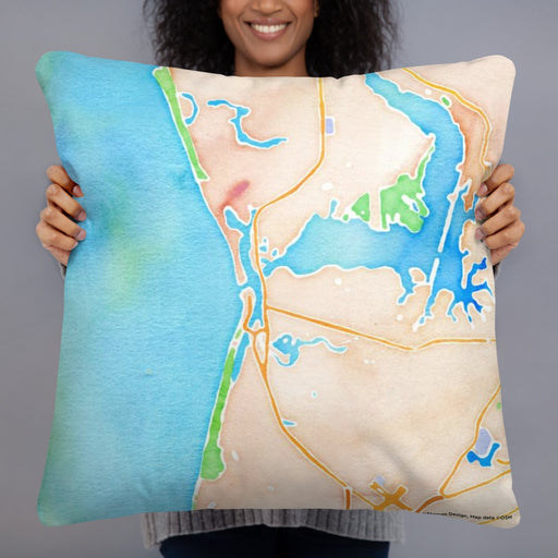 Person holding 22x22 Custom Moss Landing California Map Throw Pillow in Watercolor