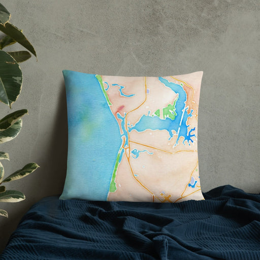 Custom Moss Landing California Map Throw Pillow in Watercolor on Bedding Against Wall