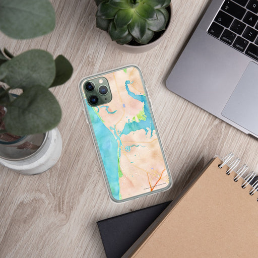 Custom Moss Landing California Map Phone Case in Watercolor on Table with Laptop and Plant