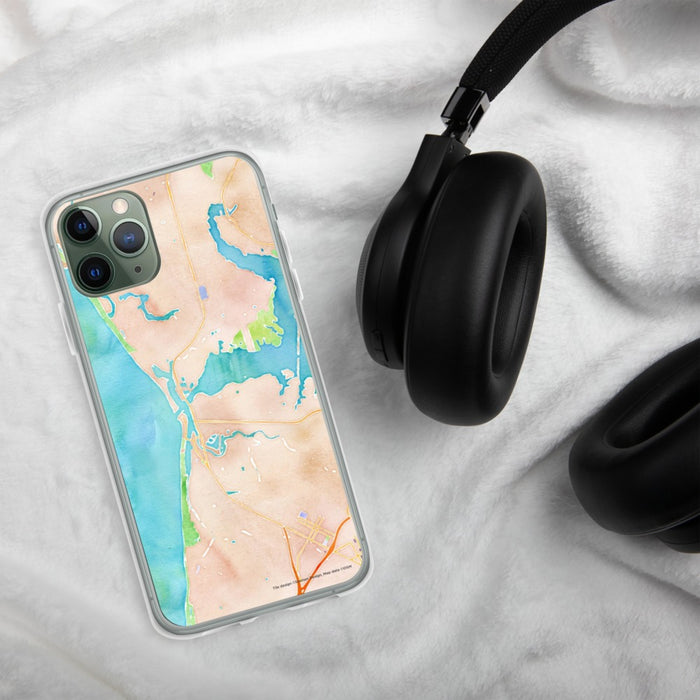 Custom Moss Landing California Map Phone Case in Watercolor on Table with Black Headphones
