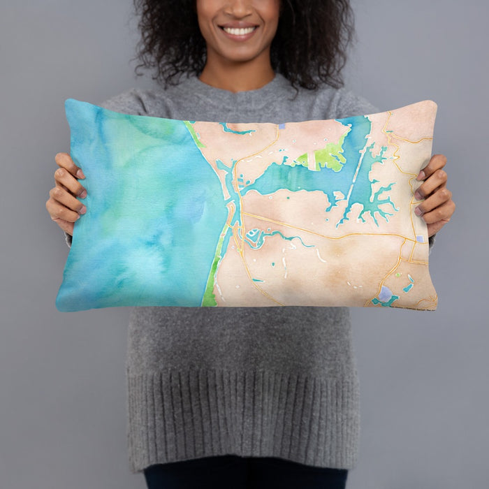 Person holding 20x12 Custom Moss Landing California Map Throw Pillow in Watercolor