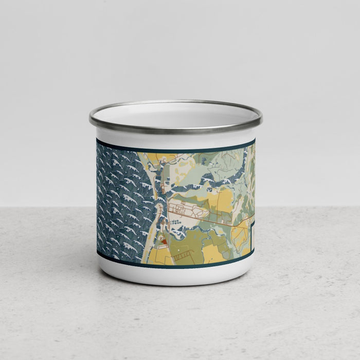 Front View Custom Moss Landing California Map Enamel Mug in Woodblock