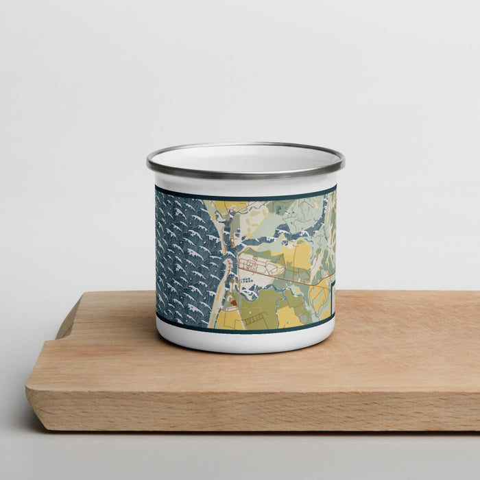 Front View Custom Moss Landing California Map Enamel Mug in Woodblock on Cutting Board