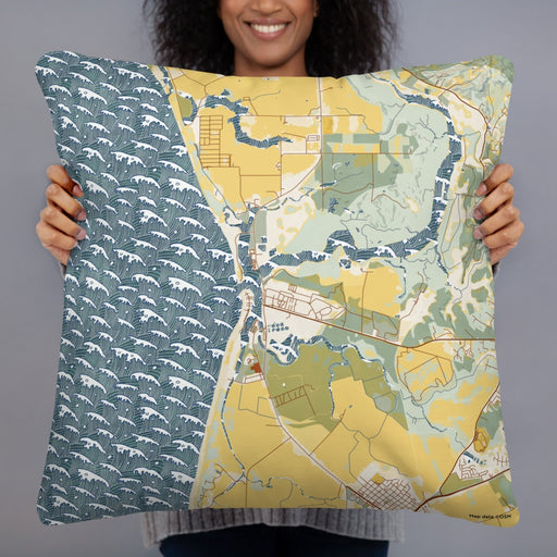 Person holding 22x22 Custom Moss Landing California Map Throw Pillow in Woodblock
