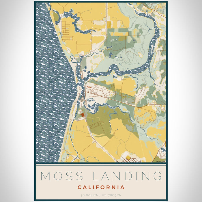 Moss Landing California Map Print Portrait Orientation in Woodblock Style With Shaded Background