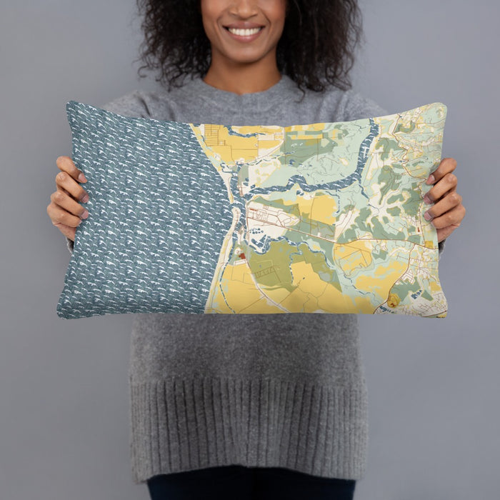 Person holding 20x12 Custom Moss Landing California Map Throw Pillow in Woodblock