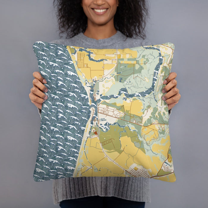 Person holding 18x18 Custom Moss Landing California Map Throw Pillow in Woodblock