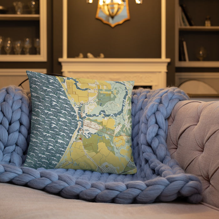 Custom Moss Landing California Map Throw Pillow in Woodblock on Cream Colored Couch