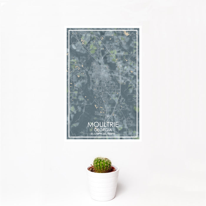 12x18 Moultrie Georgia Map Print Portrait Orientation in Afternoon Style With Small Cactus Plant in White Planter