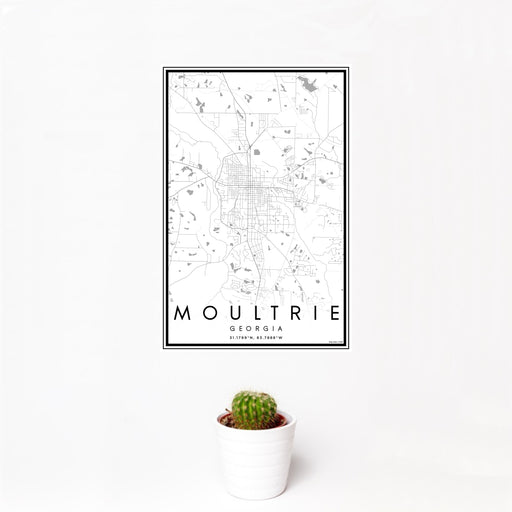 12x18 Moultrie Georgia Map Print Portrait Orientation in Classic Style With Small Cactus Plant in White Planter