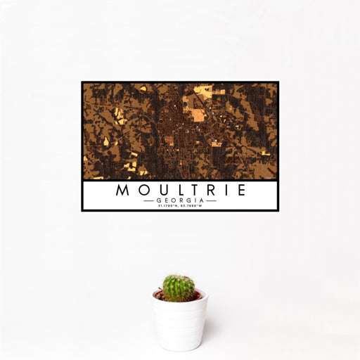 12x18 Moultrie Georgia Map Print Landscape Orientation in Ember Style With Small Cactus Plant in White Planter