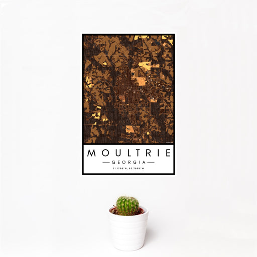 12x18 Moultrie Georgia Map Print Portrait Orientation in Ember Style With Small Cactus Plant in White Planter