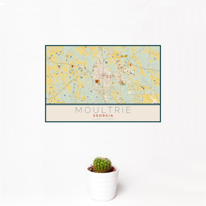 12x18 Moultrie Georgia Map Print Landscape Orientation in Woodblock Style With Small Cactus Plant in White Planter