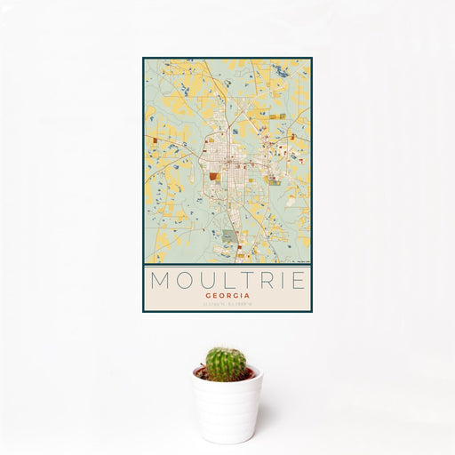 12x18 Moultrie Georgia Map Print Portrait Orientation in Woodblock Style With Small Cactus Plant in White Planter