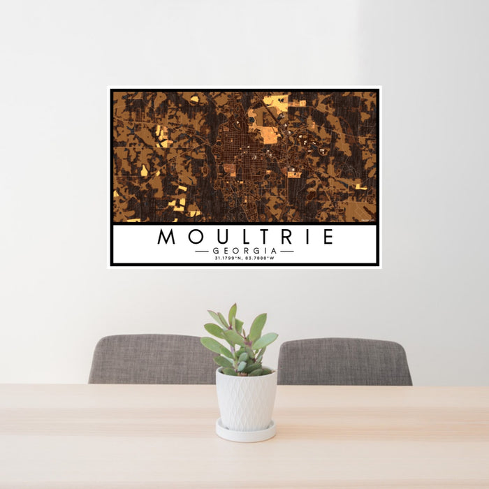 24x36 Moultrie Georgia Map Print Lanscape Orientation in Ember Style Behind 2 Chairs Table and Potted Plant