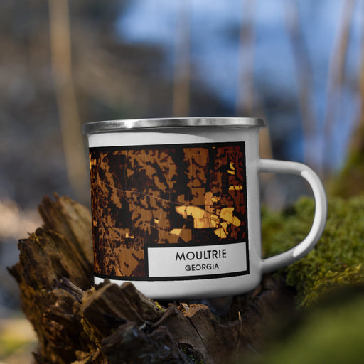 Right View Custom Moultrie Georgia Map Enamel Mug in Ember on Grass With Trees in Background