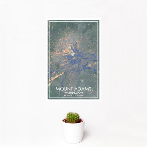 12x18 Mount Adams Washington Map Print Portrait Orientation in Afternoon Style With Small Cactus Plant in White Planter