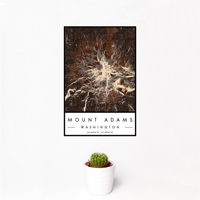 12x18 Mount Adams Washington Map Print Portrait Orientation in Ember Style With Small Cactus Plant in White Planter