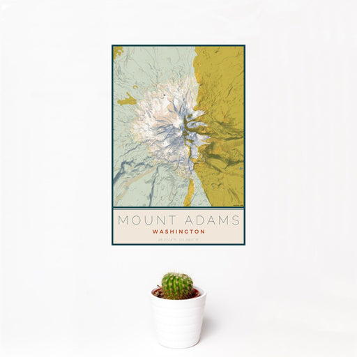 12x18 Mount Adams Washington Map Print Portrait Orientation in Woodblock Style With Small Cactus Plant in White Planter