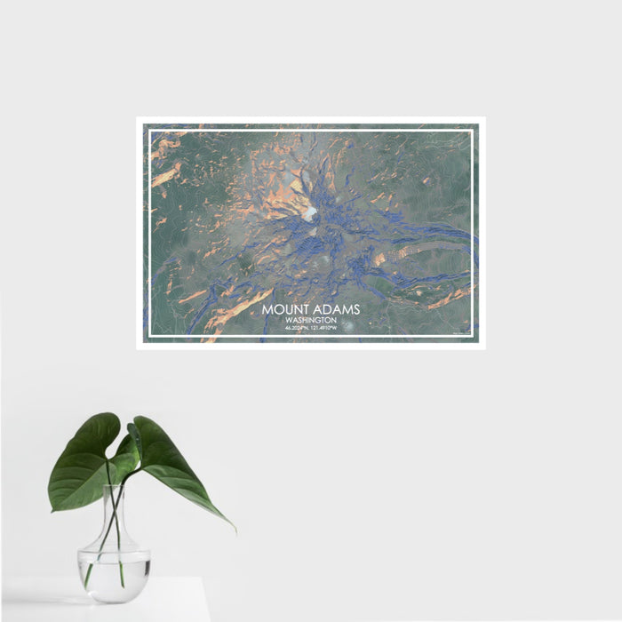 16x24 Mount Adams Washington Map Print Landscape Orientation in Afternoon Style With Tropical Plant Leaves in Water