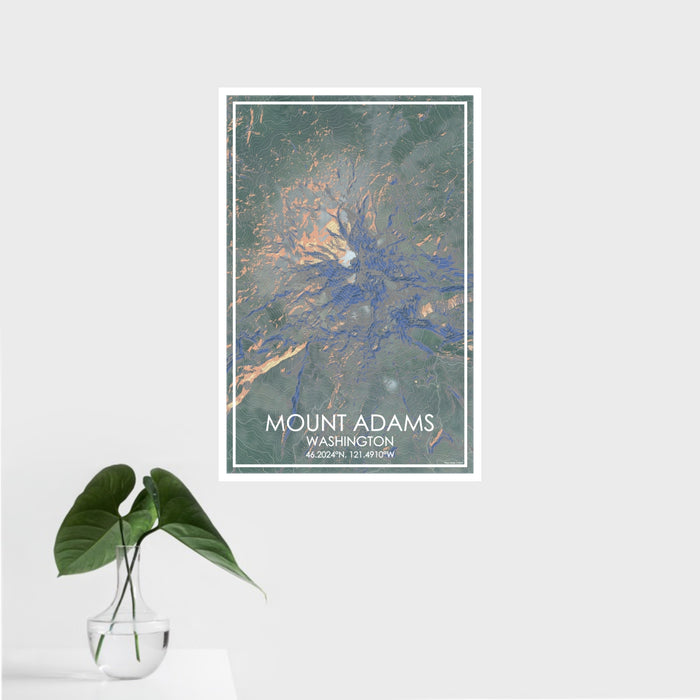 16x24 Mount Adams Washington Map Print Portrait Orientation in Afternoon Style With Tropical Plant Leaves in Water