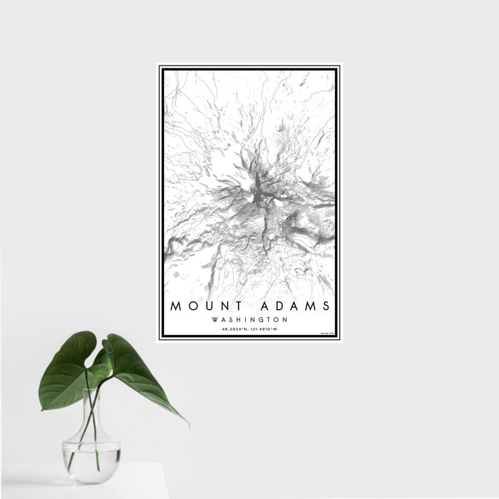 16x24 Mount Adams Washington Map Print Portrait Orientation in Classic Style With Tropical Plant Leaves in Water