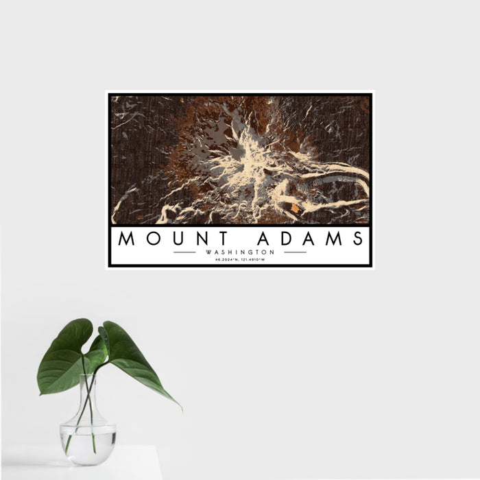 16x24 Mount Adams Washington Map Print Landscape Orientation in Ember Style With Tropical Plant Leaves in Water