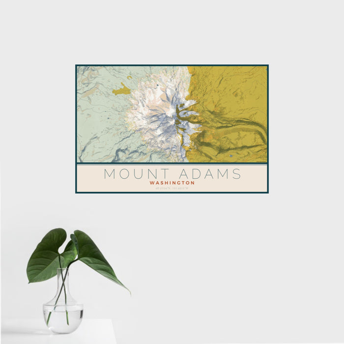 16x24 Mount Adams Washington Map Print Landscape Orientation in Woodblock Style With Tropical Plant Leaves in Water