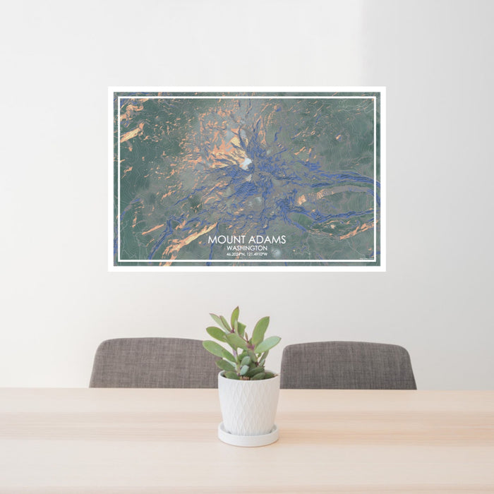 24x36 Mount Adams Washington Map Print Lanscape Orientation in Afternoon Style Behind 2 Chairs Table and Potted Plant