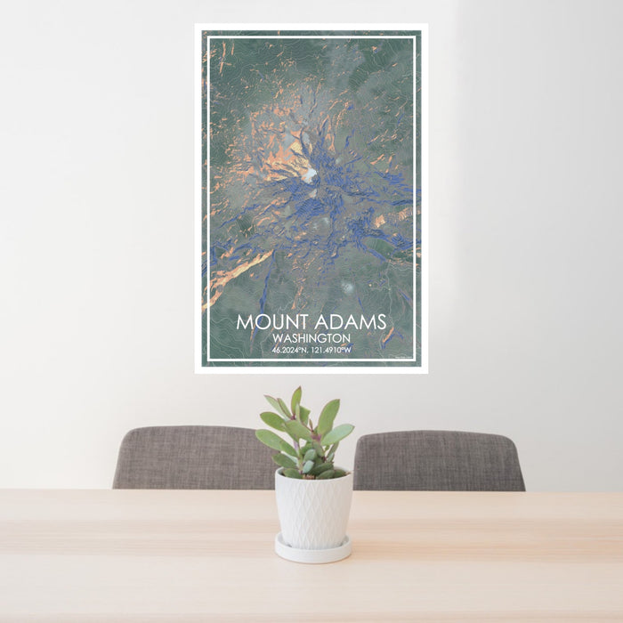 24x36 Mount Adams Washington Map Print Portrait Orientation in Afternoon Style Behind 2 Chairs Table and Potted Plant