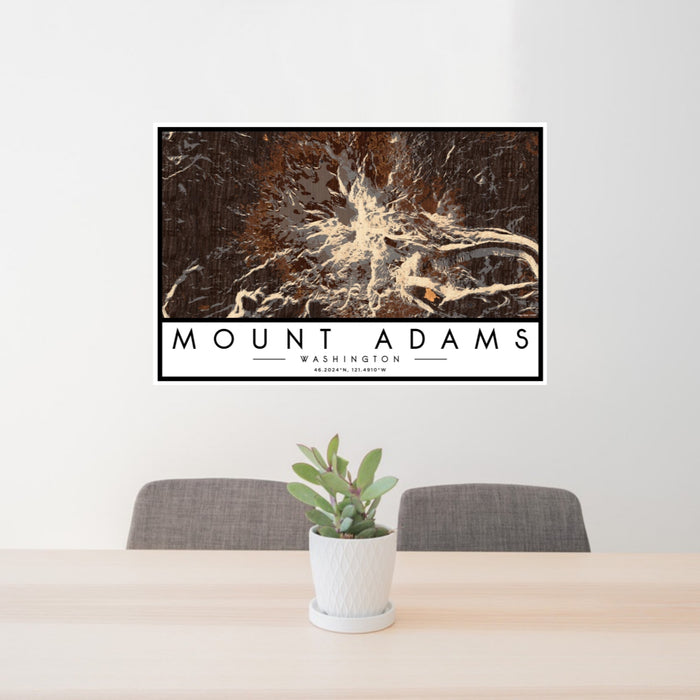 24x36 Mount Adams Washington Map Print Lanscape Orientation in Ember Style Behind 2 Chairs Table and Potted Plant