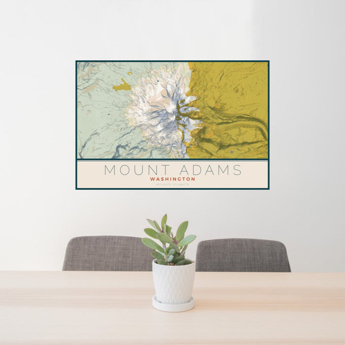 24x36 Mount Adams Washington Map Print Lanscape Orientation in Woodblock Style Behind 2 Chairs Table and Potted Plant