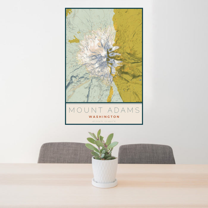 24x36 Mount Adams Washington Map Print Portrait Orientation in Woodblock Style Behind 2 Chairs Table and Potted Plant