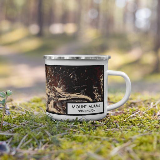 Right View Custom Mount Adams Washington Map Enamel Mug in Ember on Grass With Trees in Background