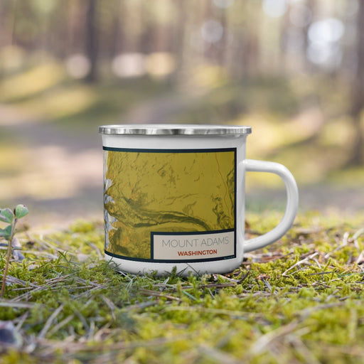 Right View Custom Mount Adams Washington Map Enamel Mug in Woodblock on Grass With Trees in Background