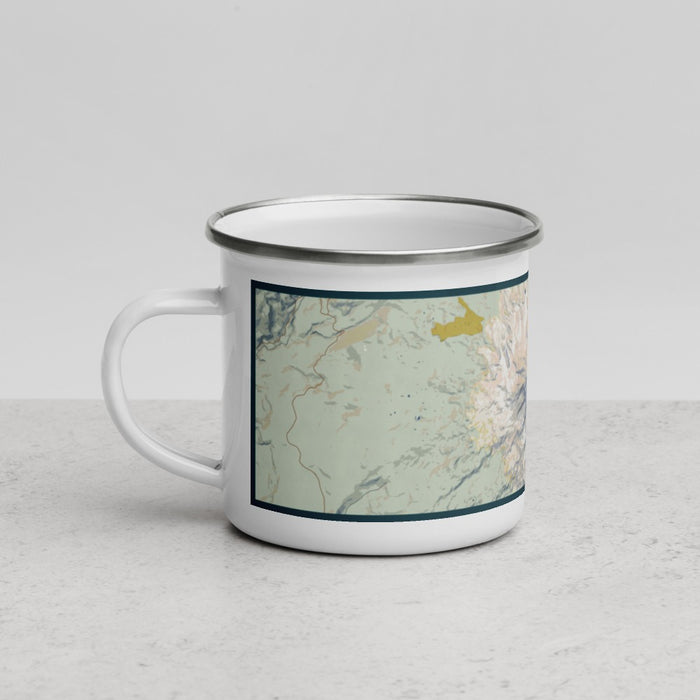 Left View Custom Mount Adams Washington Map Enamel Mug in Woodblock