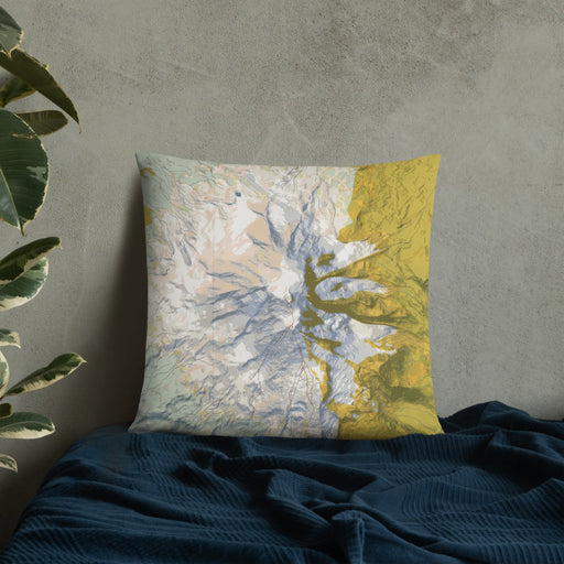 Custom Mount Adams Washington Map Throw Pillow in Woodblock on Bedding Against Wall