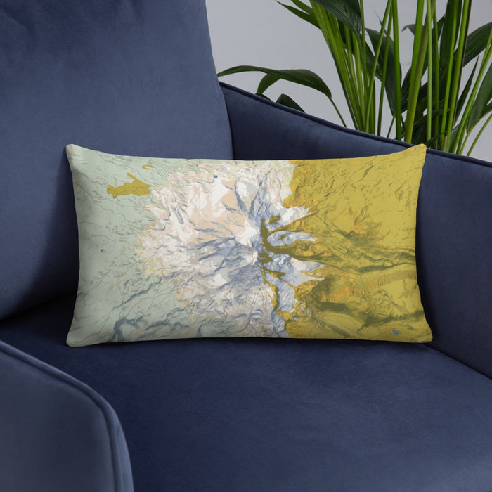 Custom Mount Adams Washington Map Throw Pillow in Woodblock on Blue Colored Chair