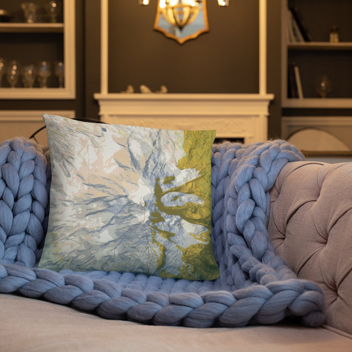 Custom Mount Adams Washington Map Throw Pillow in Woodblock on Cream Colored Couch