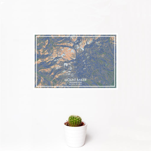 12x18 Mount Baker Washington Map Print Landscape Orientation in Afternoon Style With Small Cactus Plant in White Planter