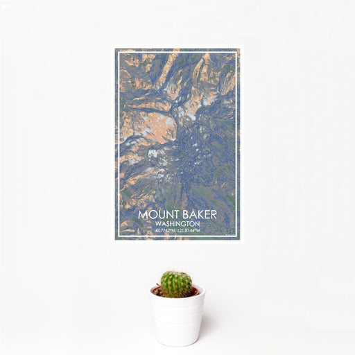 12x18 Mount Baker Washington Map Print Portrait Orientation in Afternoon Style With Small Cactus Plant in White Planter